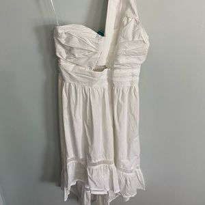 Southern Frock Boutique white hi-low, one shoulder goddess dress with cutouts.